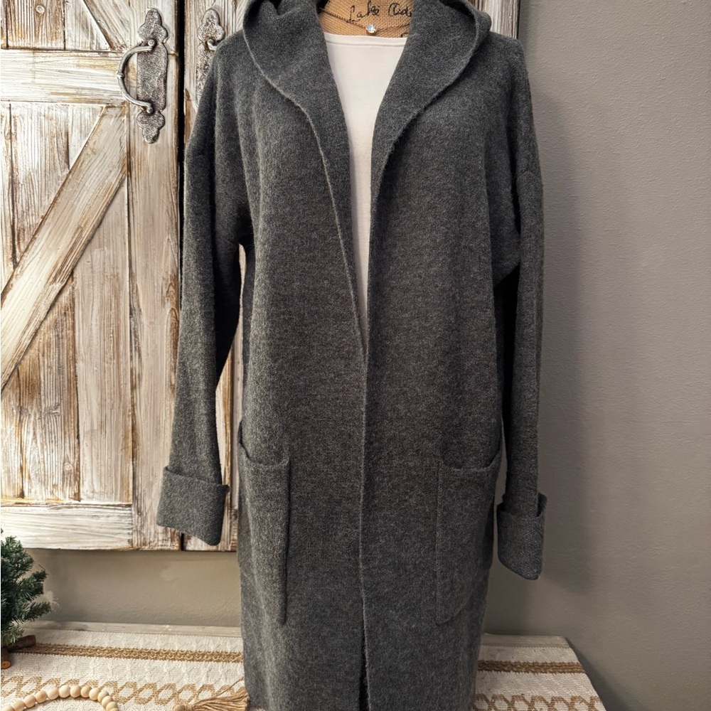 Beautiful Charcoal Open-Front long Hooded Cardigan NWOT!